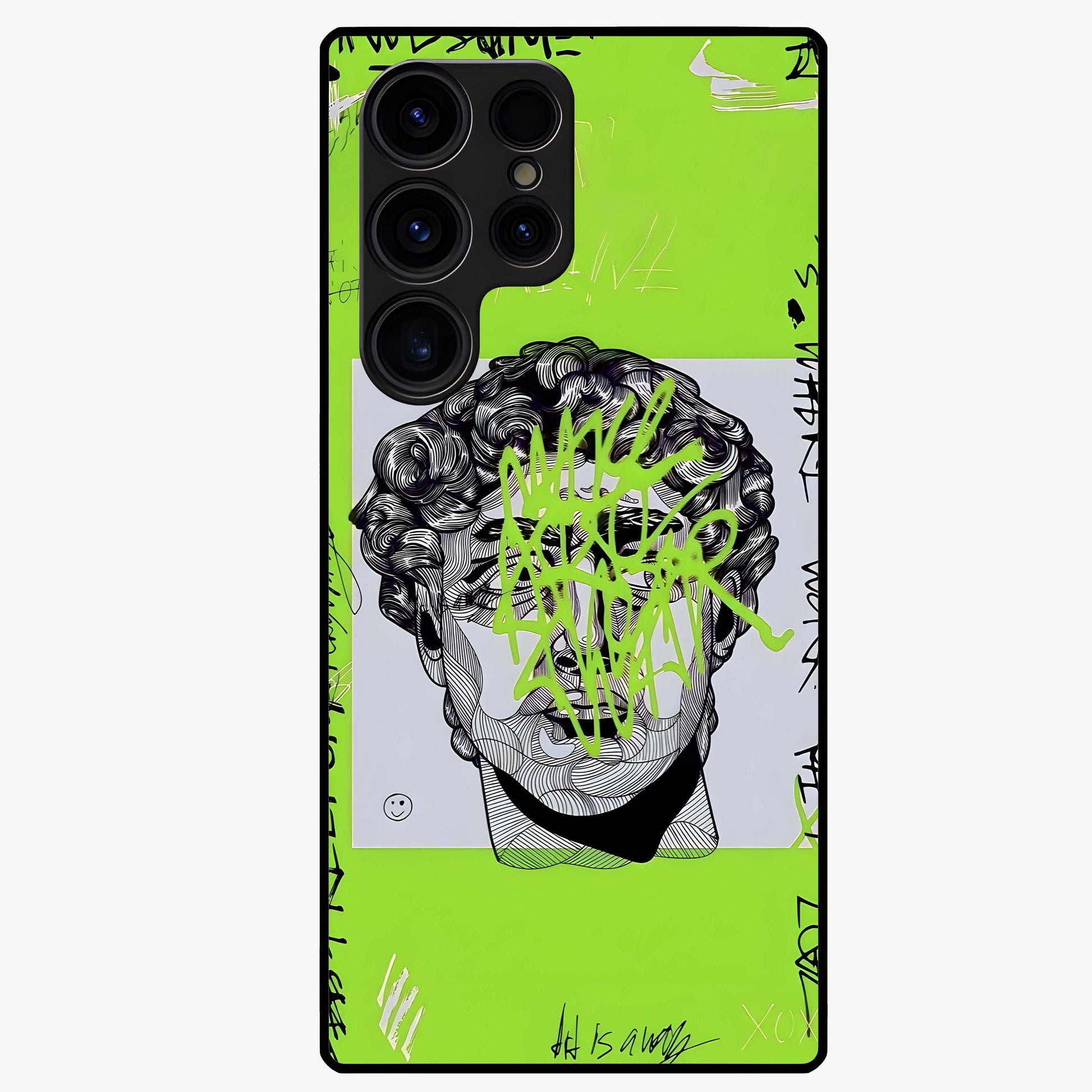 Neo Graffiti Rebellion Glass Case showing flat back view with vibrant graffiti artwork and glossy glass finish.