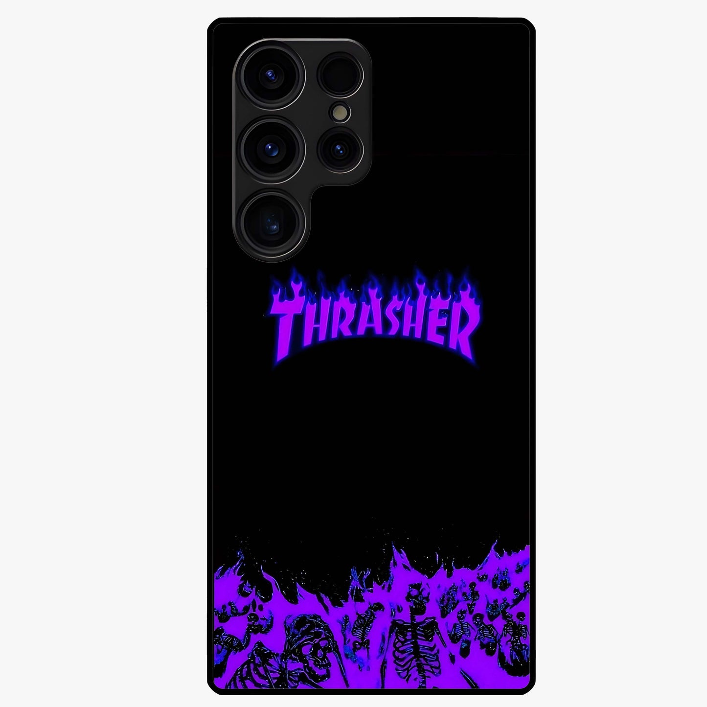 Neon Flame Riot Glass Case showing flat back view with neon flame artwork and glossy glass finish.