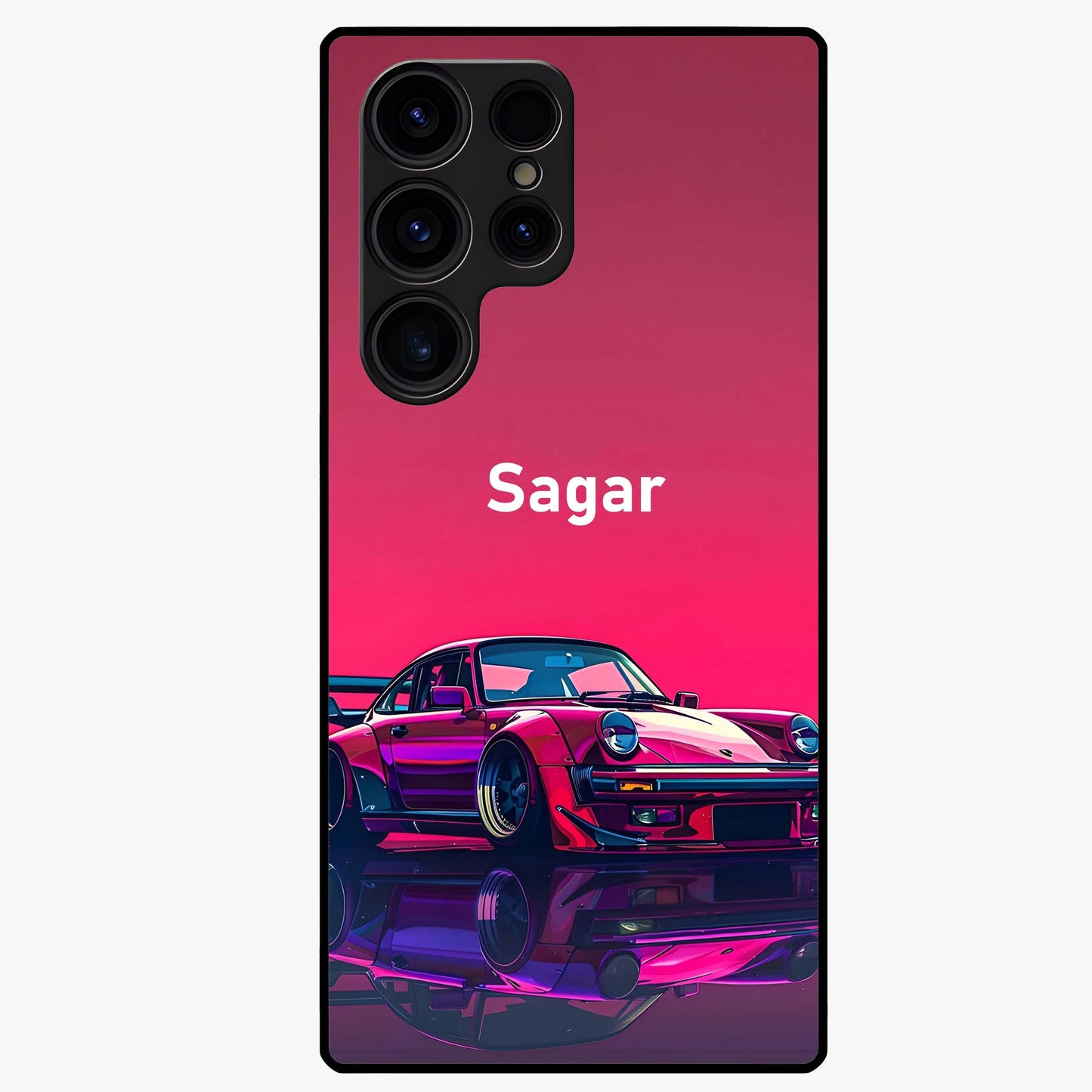 Neon Pink Porsche Glass Case showing flat back view with stylish sports car artwork and glossy glass finish.