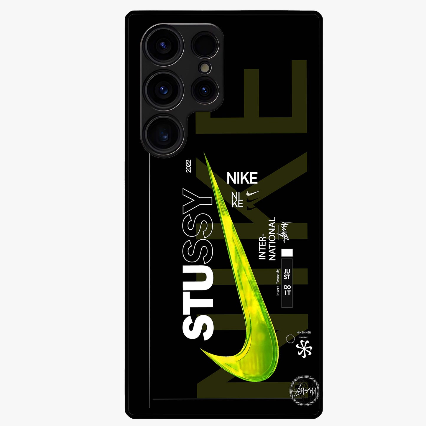Neon Street Edition Glass Case showing flat back view with neon street style artwork and glossy glass finish.