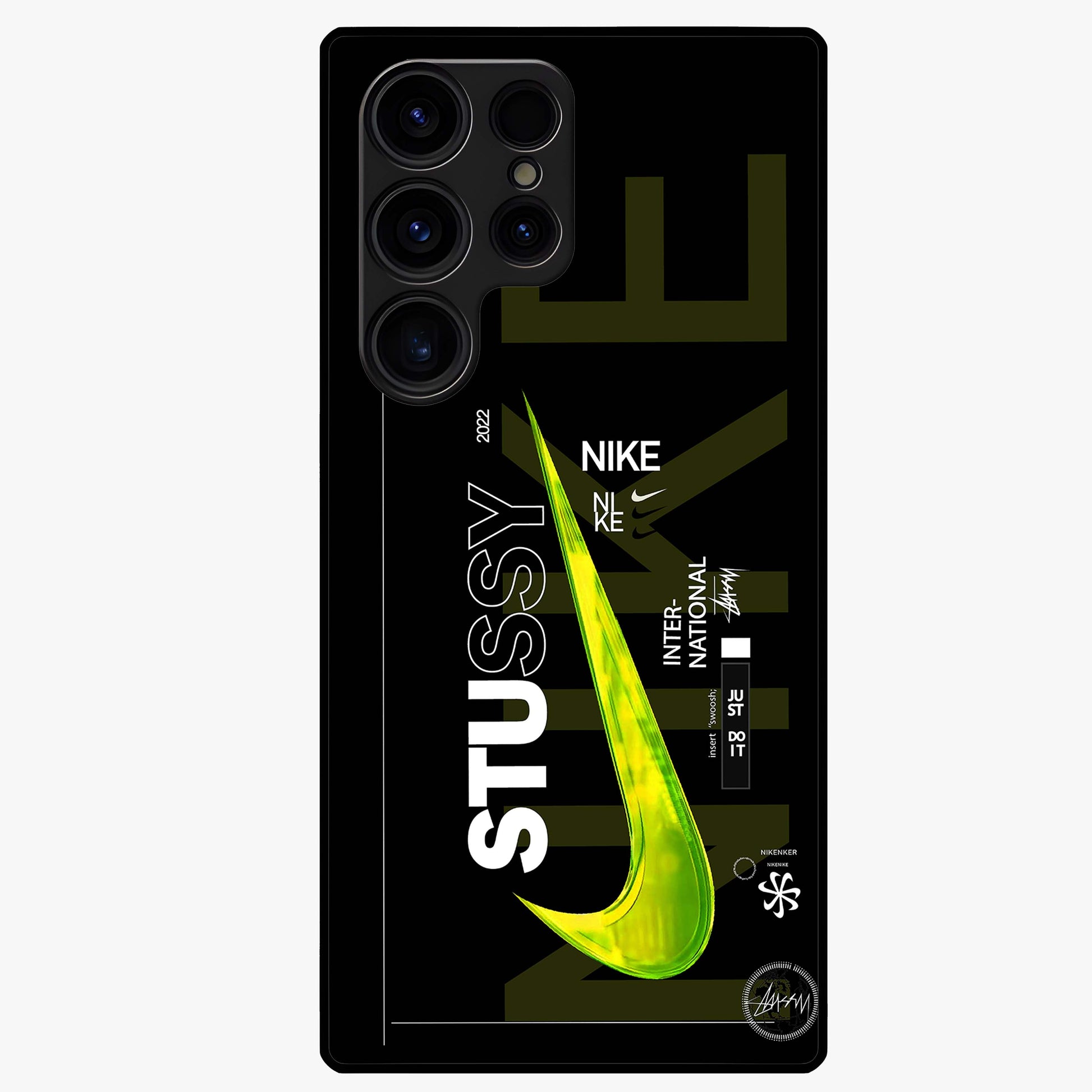 Neon Street Edition Glass Case showing flat back view with neon street style artwork and glossy glass finish.