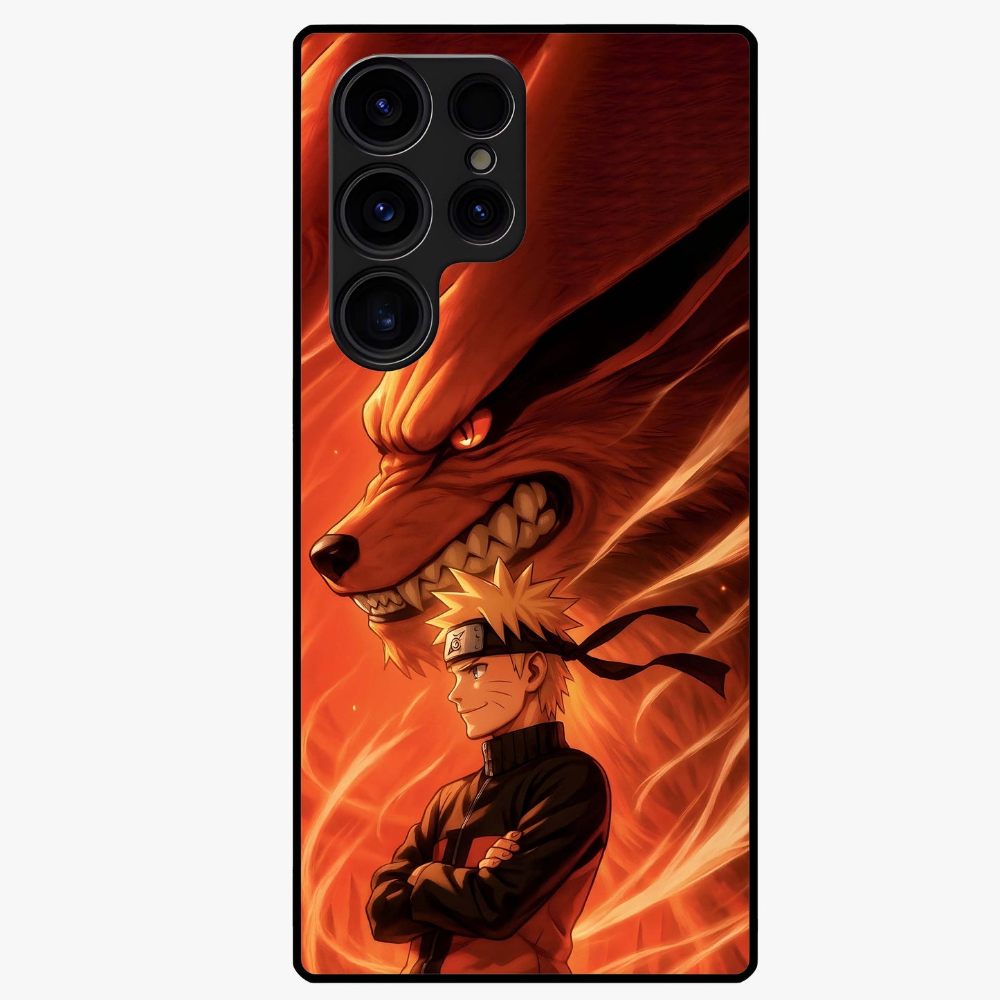 Nine Tails Legacy Glass Case showing flat back view with powerful nine-tailed fox inspired artwork and glossy glass finish.