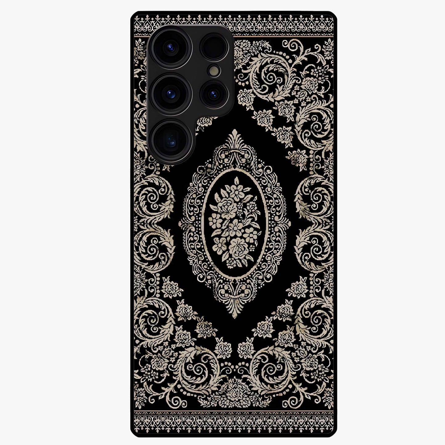 Noir Bloom Elegance Glass Case showing flat back view with elegant dark floral artwork and glossy glass finish.