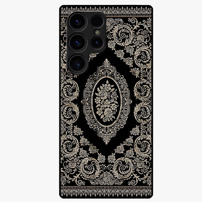 Noir Bloom Elegance Glass Case showing flat back view with elegant dark floral artwork and glossy glass finish.