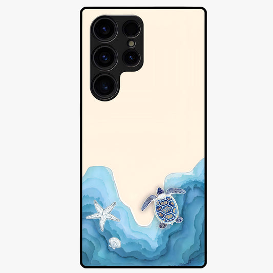 Ocean Drift Turtle Glass Case showing flat back view with sea turtle artwork and glossy glass finish.