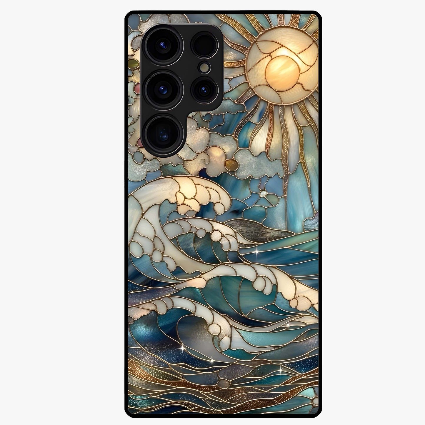 Oceanic Stained Printed Glass Case showing flat back view with ocean inspired stained pattern artwork and glossy glass finish.