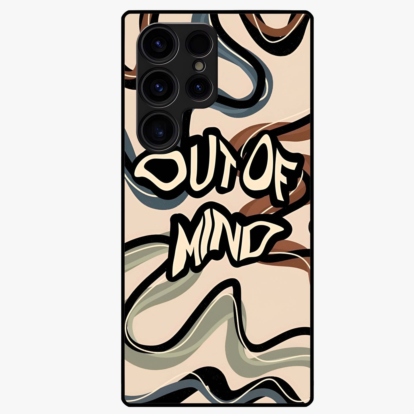 Out Of Mind Glass Case showing flat back view with expressive typography artwork and glossy glass finish.