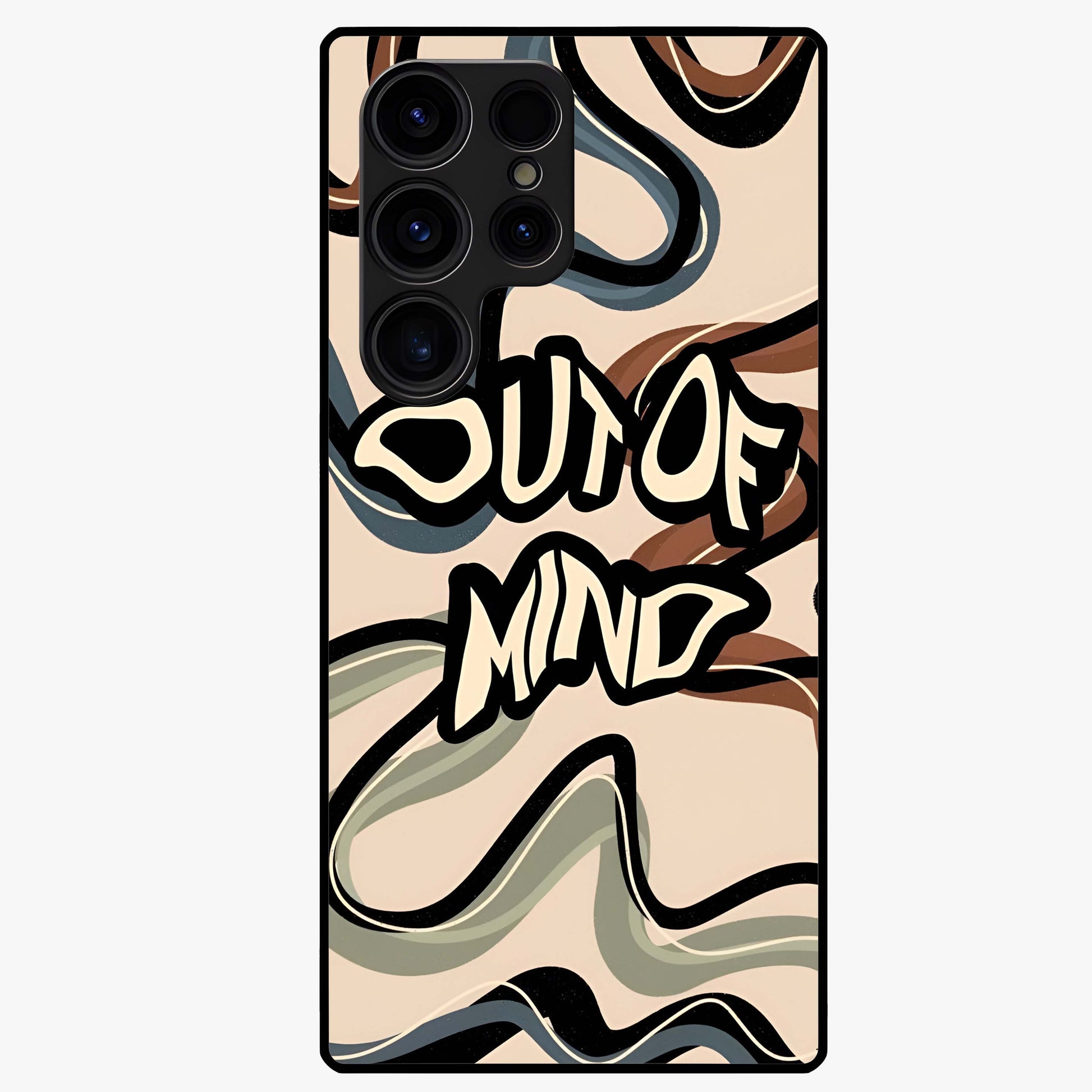 Out Of Mind Glass Case showing flat back view with expressive typography artwork and glossy glass finish.