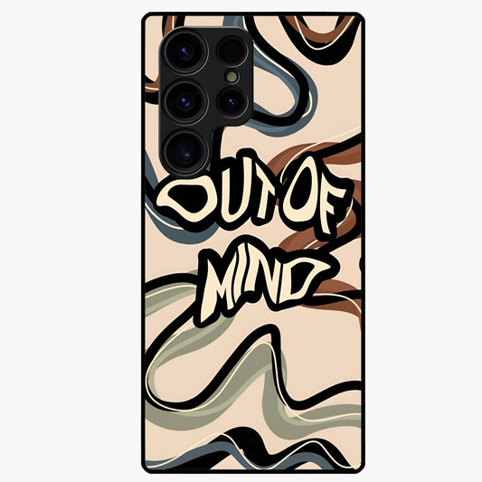 Out Of Mind Glass Case showing flat back view with expressive typography artwork and glossy glass finish.