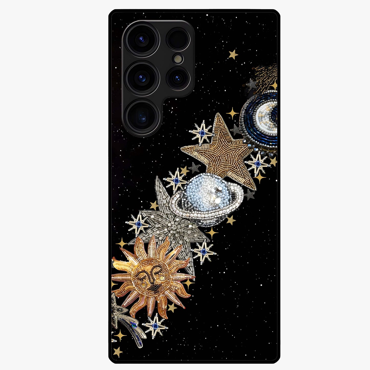 Pearls Universe Object Glass Case showing flat back view with pearl inspired cosmic artwork and glossy glass finish.