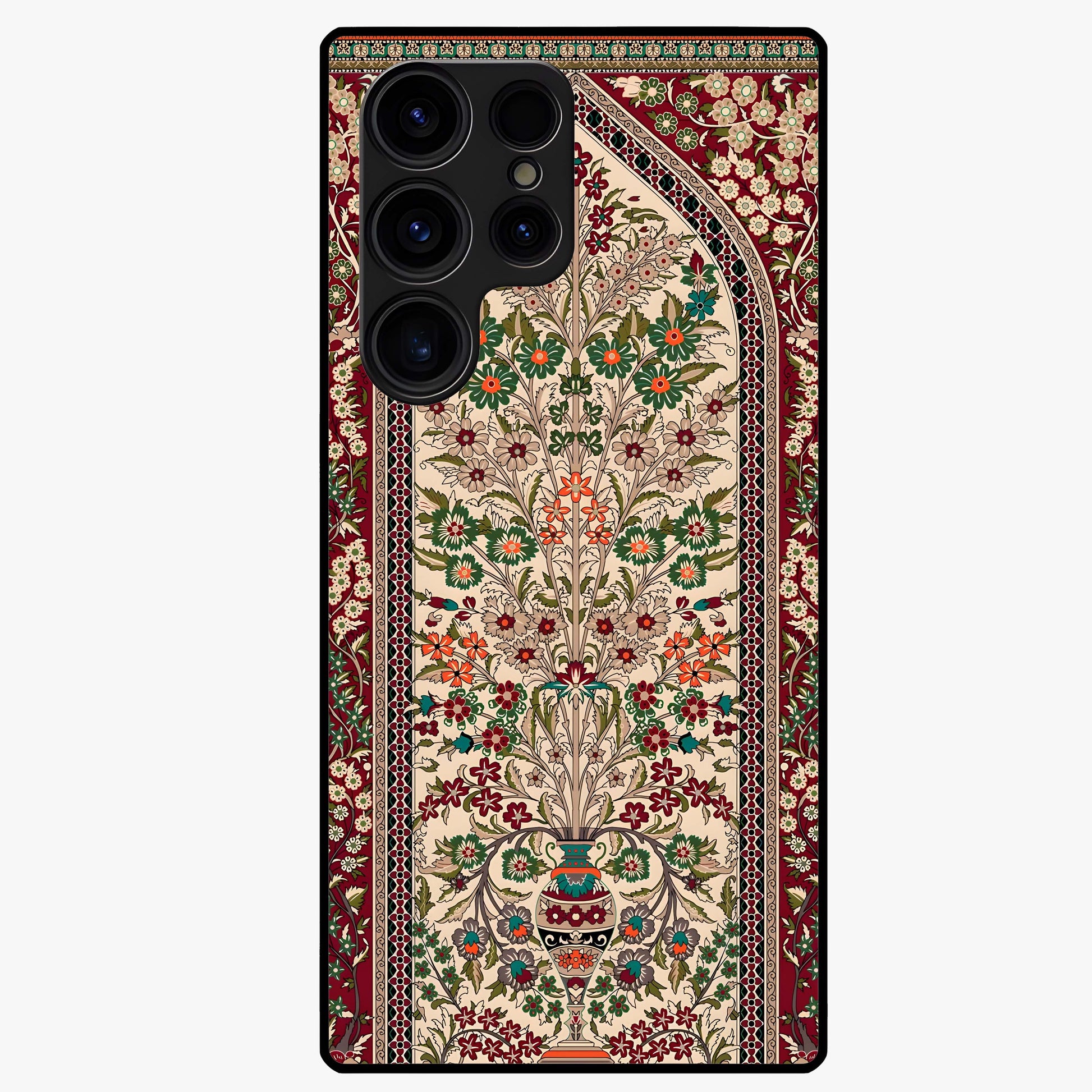 Persian Inspired Glass Case showing flat back view with ornate Persian style pattern artwork and glossy glass finish.