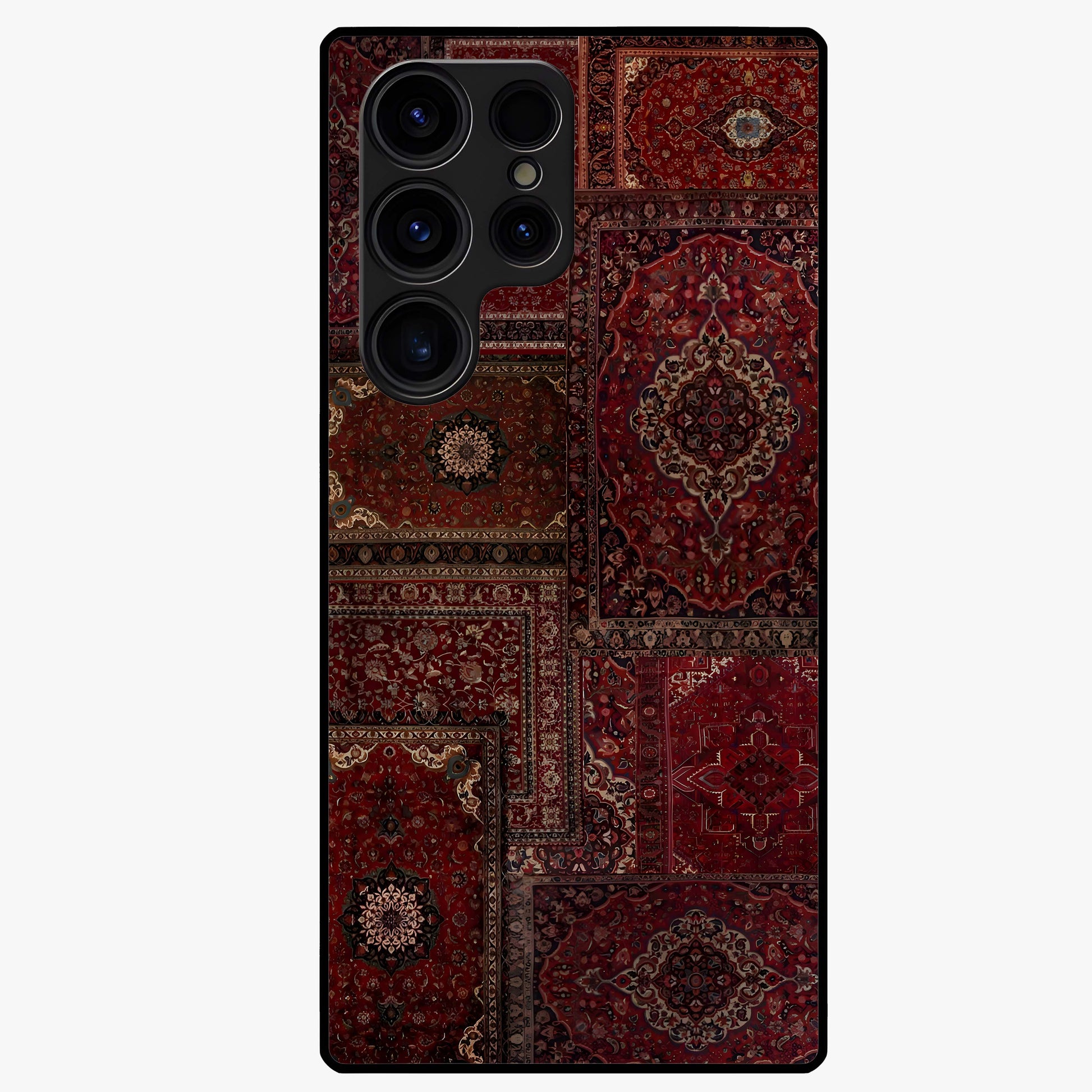 Persian Velvet Tale Glass Case showing flat back view with luxurious Persian velvet pattern artwork and glossy glass finish.