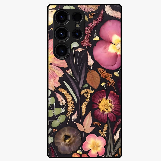 Petal Dream Tapestry Glass Case showing flat back view with intricate floral tapestry artwork and glossy glass finish.