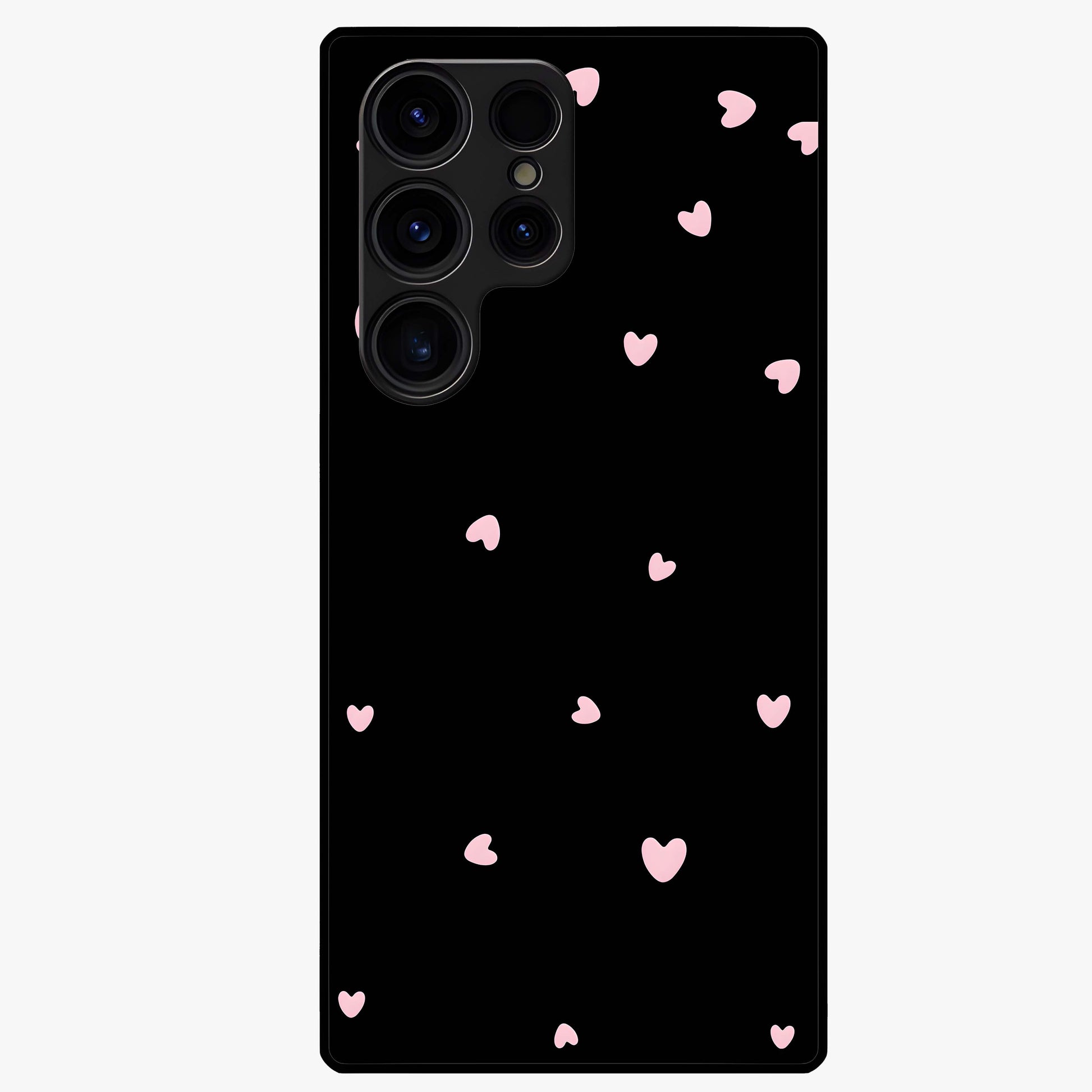 Pink Love Drops Glass Case showing flat back view with playful pink heart drops artwork and glossy glass finish.