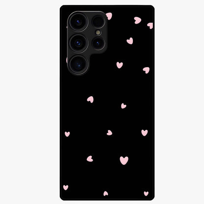 Pink Love Drops Glass Case showing flat back view with playful pink heart drops artwork and glossy glass finish.