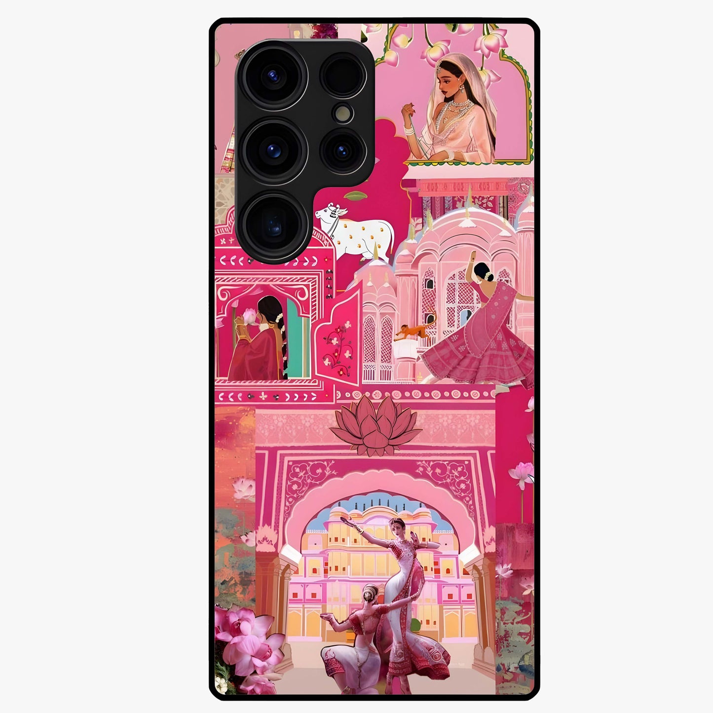 Pink Palace Muse Glass Case showing flat back view with elegant palace inspired artwork and glossy glass finish.