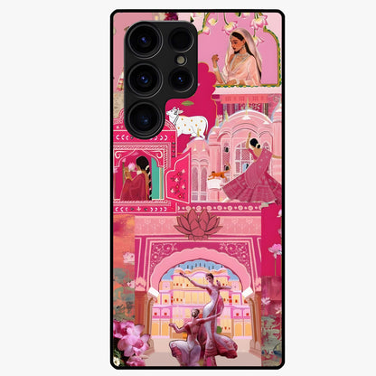 Pink Palace Muse Glass Case showing flat back view with elegant palace inspired artwork and glossy glass finish.
