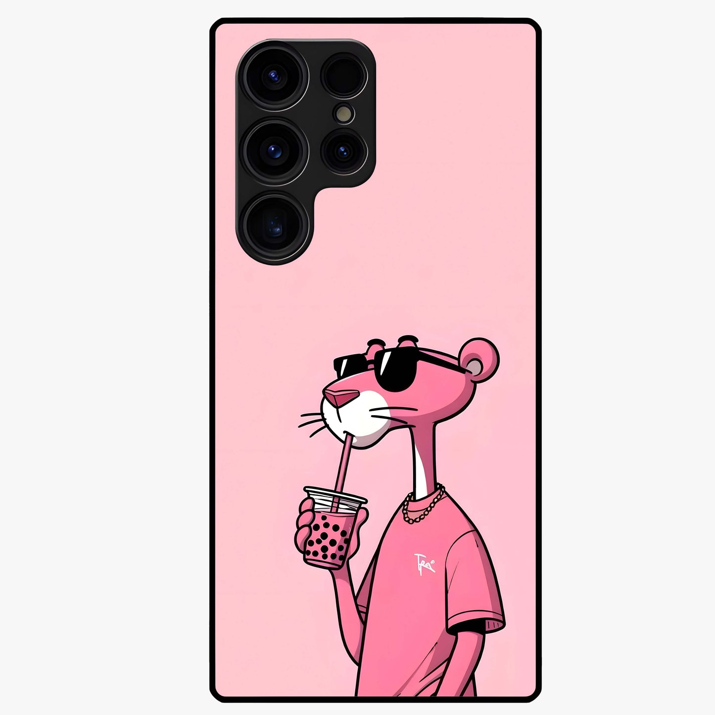 Pink Panther Glass Case showing flat back view with iconic pink panther artwork and glossy glass finish.