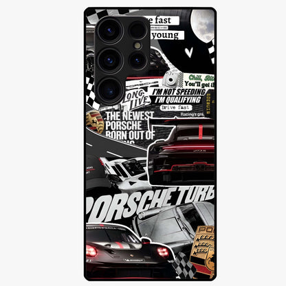 Porsche Racing Collage Glass Case showing flat back view with sports car racing collage artwork and glossy glass finish.