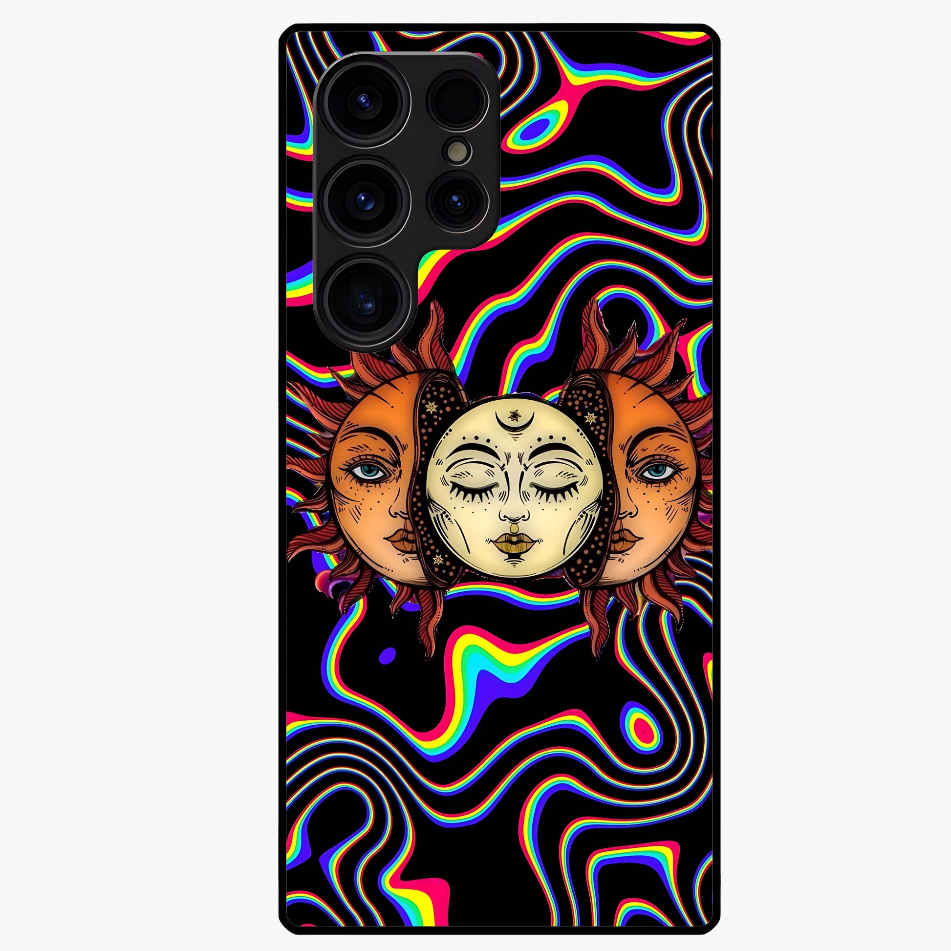 Psychedelic Sun Glass Case showing flat back view with colorful psychedelic sun artwork and glossy glass finish.
