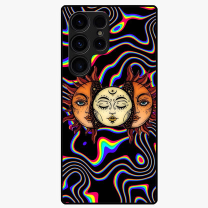 Psychedelic Sun Glass Case showing flat back view with colorful psychedelic sun artwork and glossy glass finish.