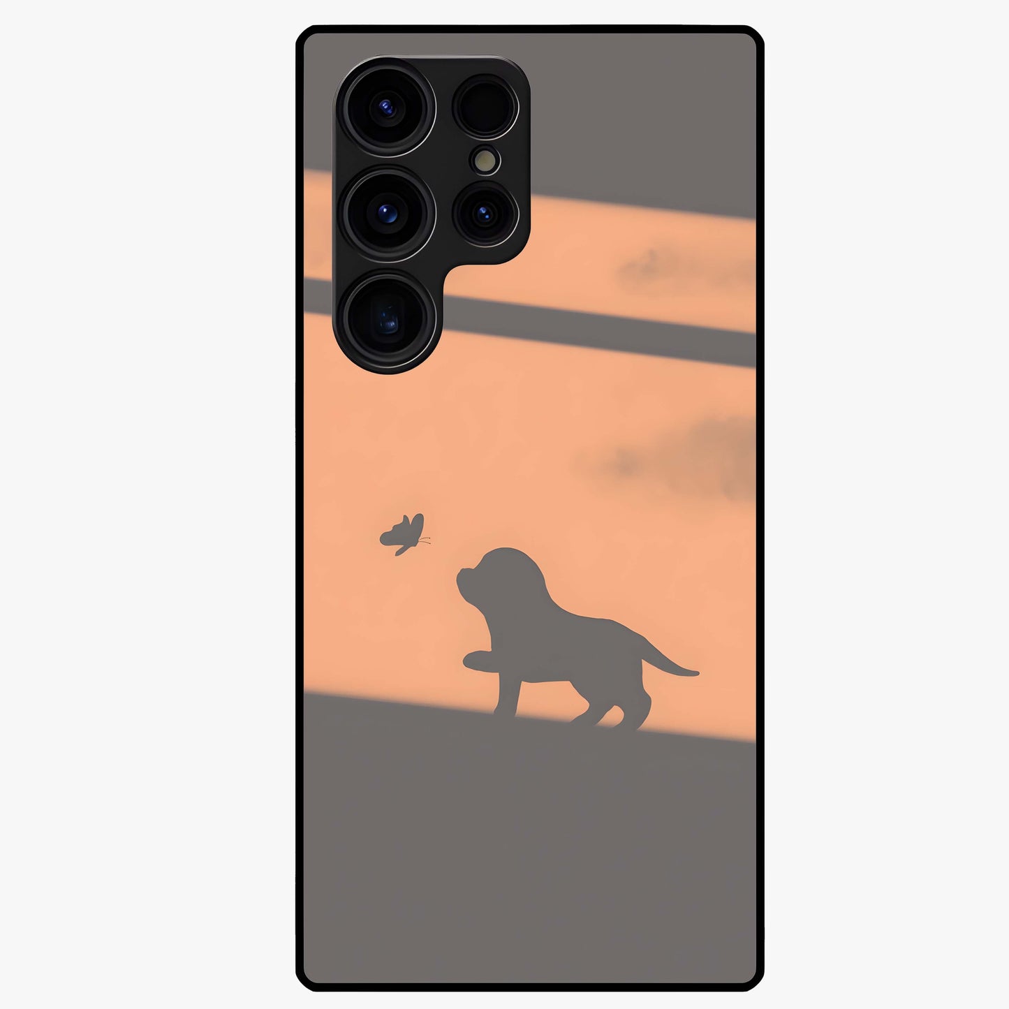 Puppy Shadow Art Glass Case showing flat back view with cute puppy shadow style artwork and glossy glass finish.