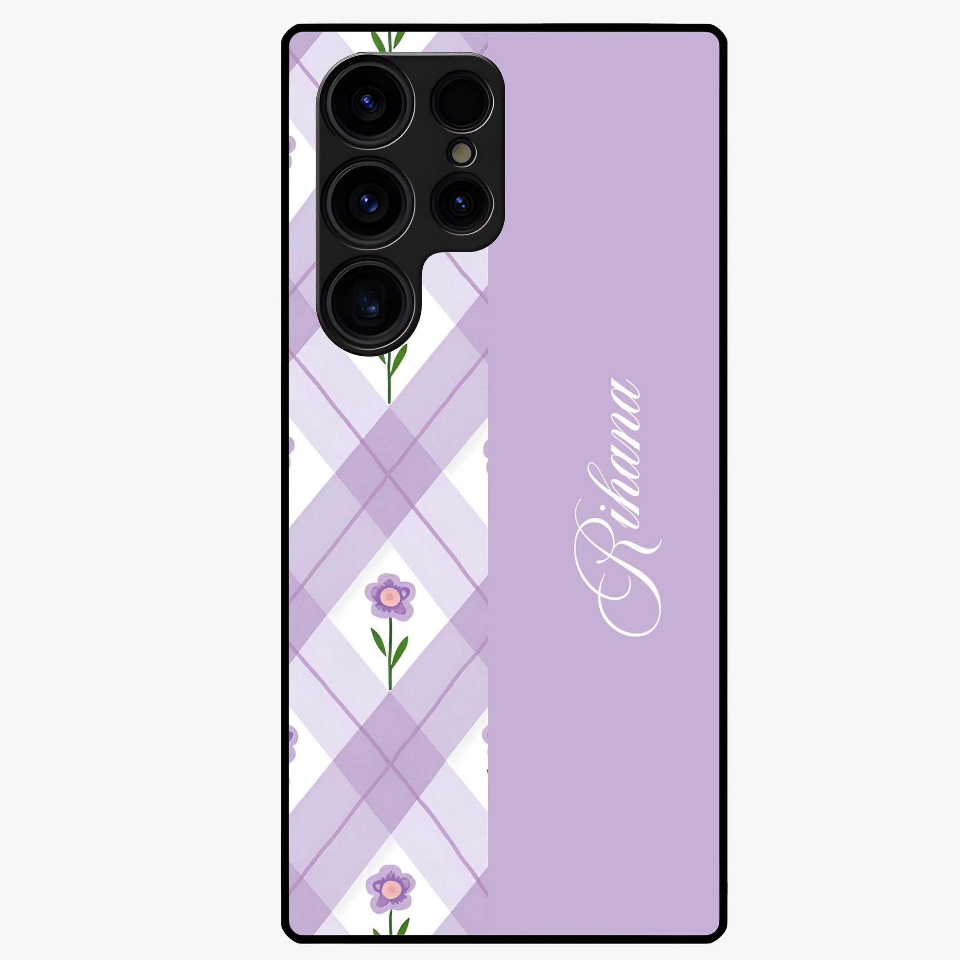 Purple Diamond Floral Glass Case showing flat back view with diamond shaped floral artwork and glossy glass finish.