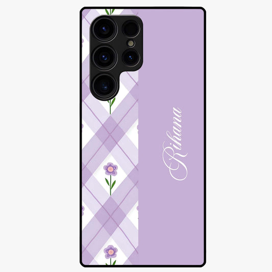 Purple Diamond Floral Glass Case showing flat back view with diamond shaped floral artwork and glossy glass finish.