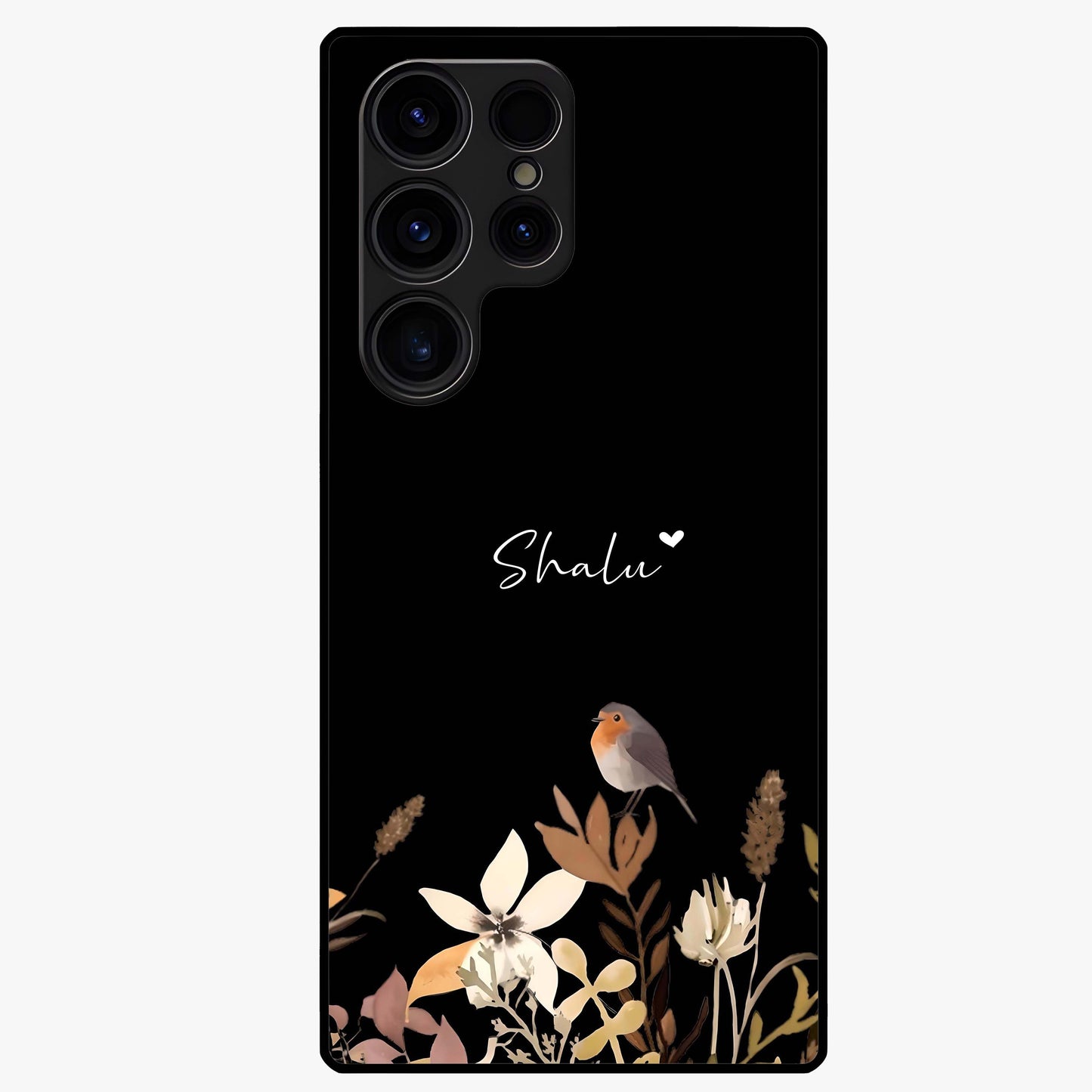 Quiet Garden Tune Custom Name Glass Case showing flat back view with peaceful garden artwork and personalized name design.