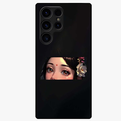 Radha Divine Embrace Glass Case showing flat back view with devotional Radha artwork and glossy glass finish.