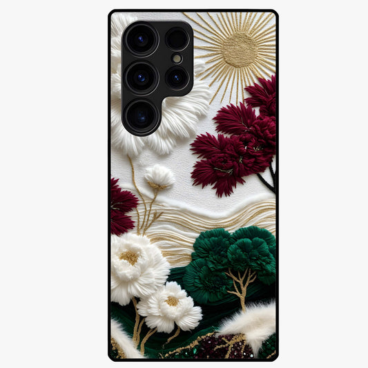 Radiant Bloom Elegance Glass Case showing flat back view with elegant blooming flower artwork and glossy glass finish.
