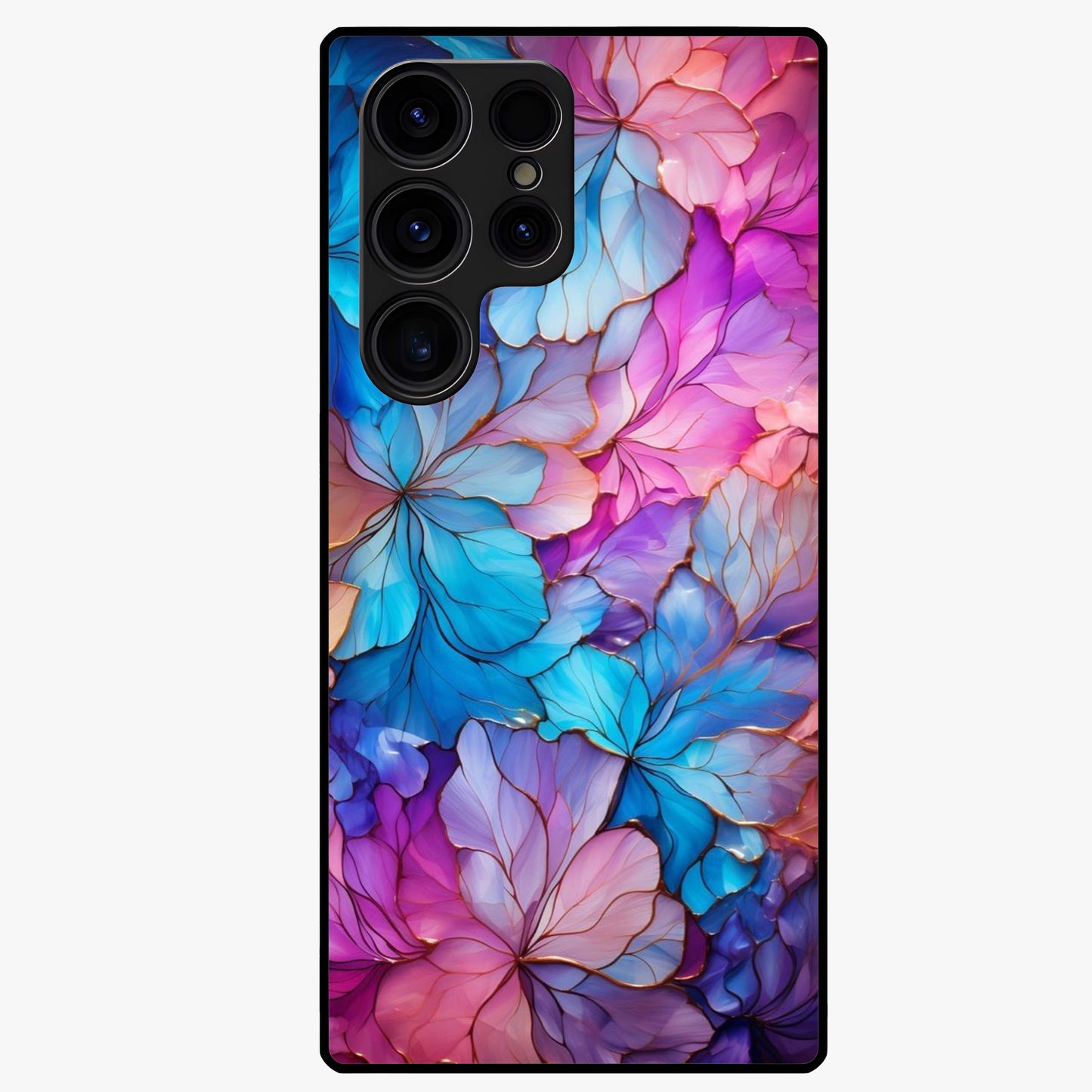 Radiant Floral Whirl Glass Case showing flat back view with swirling floral artwork and glossy glass finish.