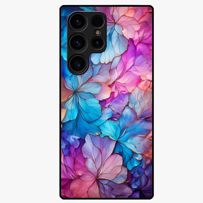 Radiant Floral Whirl Glass Case showing flat back view with swirling floral artwork and glossy glass finish.