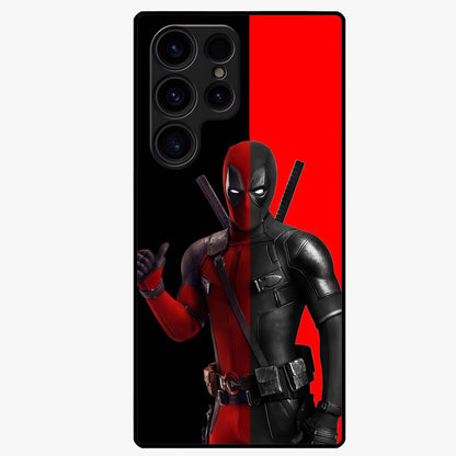 Red & Black Deadpool Theme Glass Case showing flat back view with bold comic inspired artwork and glossy glass finish.