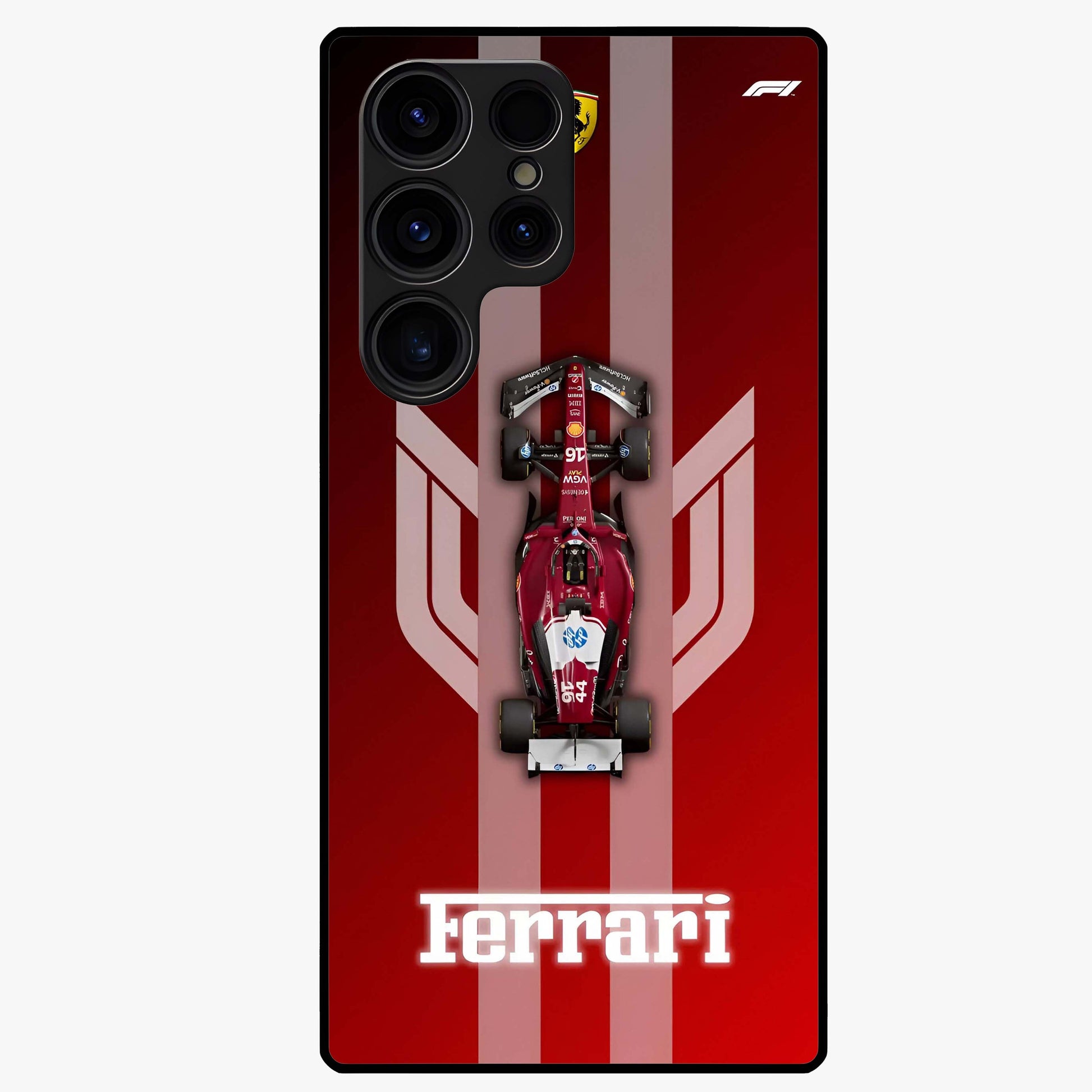 Red Ferrari F1 Vertical Glass Case showing flat back view with sleek Formula racing car artwork and glossy glass finish.