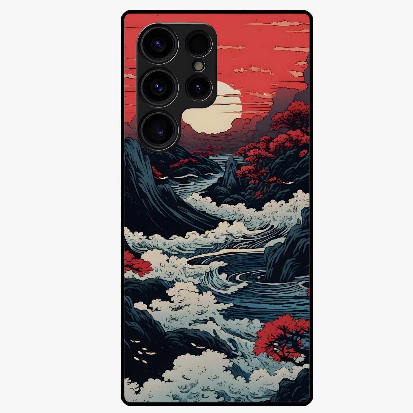 Red Sunset Scenery Glass Case showing flat back view with vibrant sunset landscape artwork and glossy glass finish.