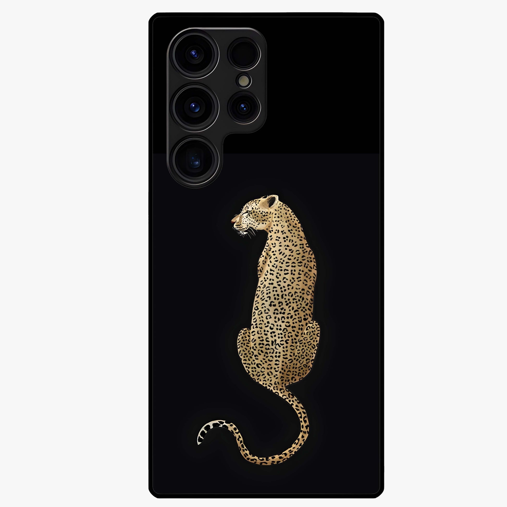 Regal Leopard Glass Case showing flat back view with bold leopard artwork and glossy glass finish.