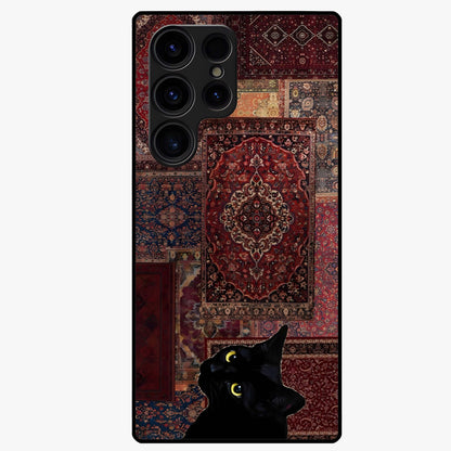 Regal Magic Cat Apple Glass Case showing flat back view with magical cat artwork holding apple and glossy glass finish.