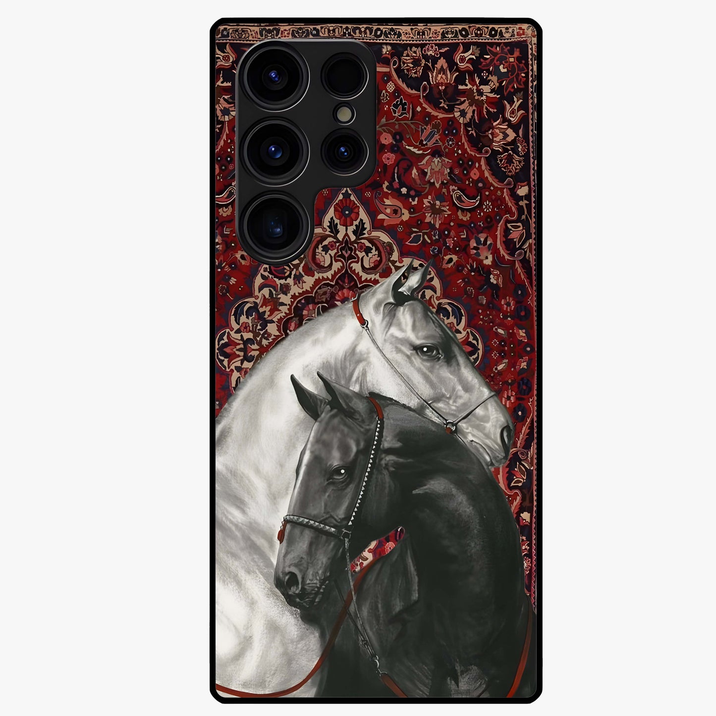 Regal Stallion Tapestry Glass Case showing flat back view with majestic horse tapestry artwork and glossy glass finish.