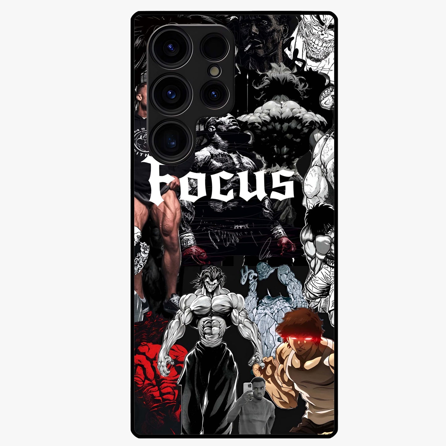 Relentless Power Focus Glass Case showing flat back view with motivational typography artwork and glossy glass finish.