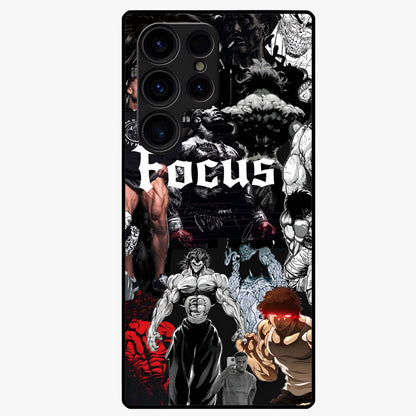 Relentless Power Focus Glass Case showing flat back view with motivational typography artwork and glossy glass finish.