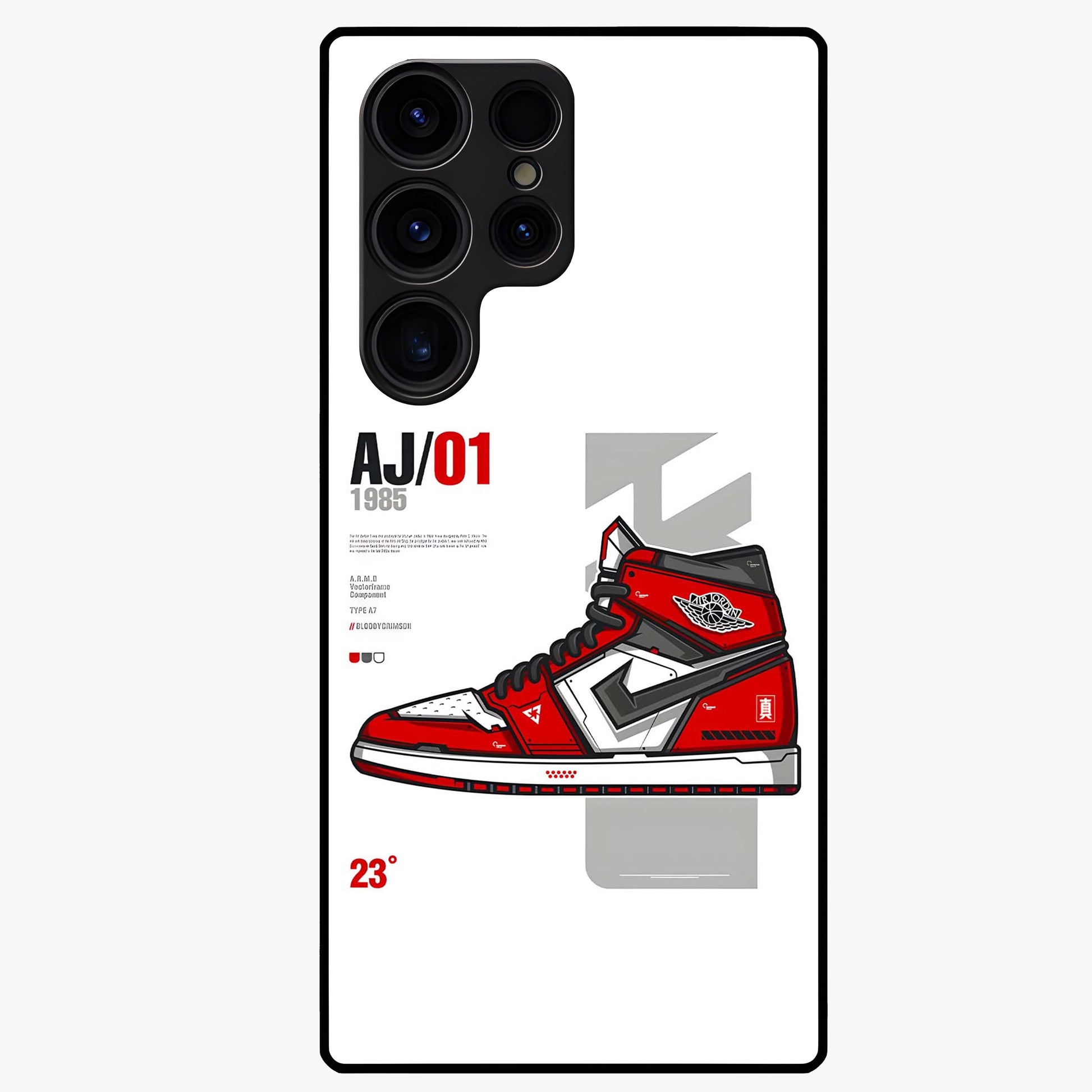 Retro Sneaker Blueprint Glass Case showing flat back view with sneaker blueprint style artwork and glossy glass finish.