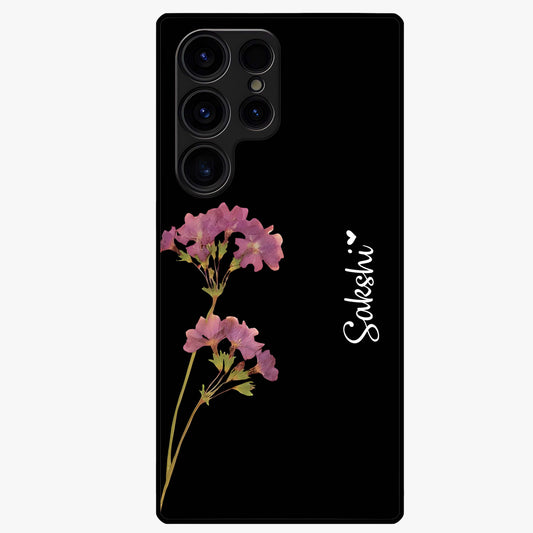 Riching Lavender Flower Custom Name Glass Case showing flat back view with lavender floral artwork and personalized name design.