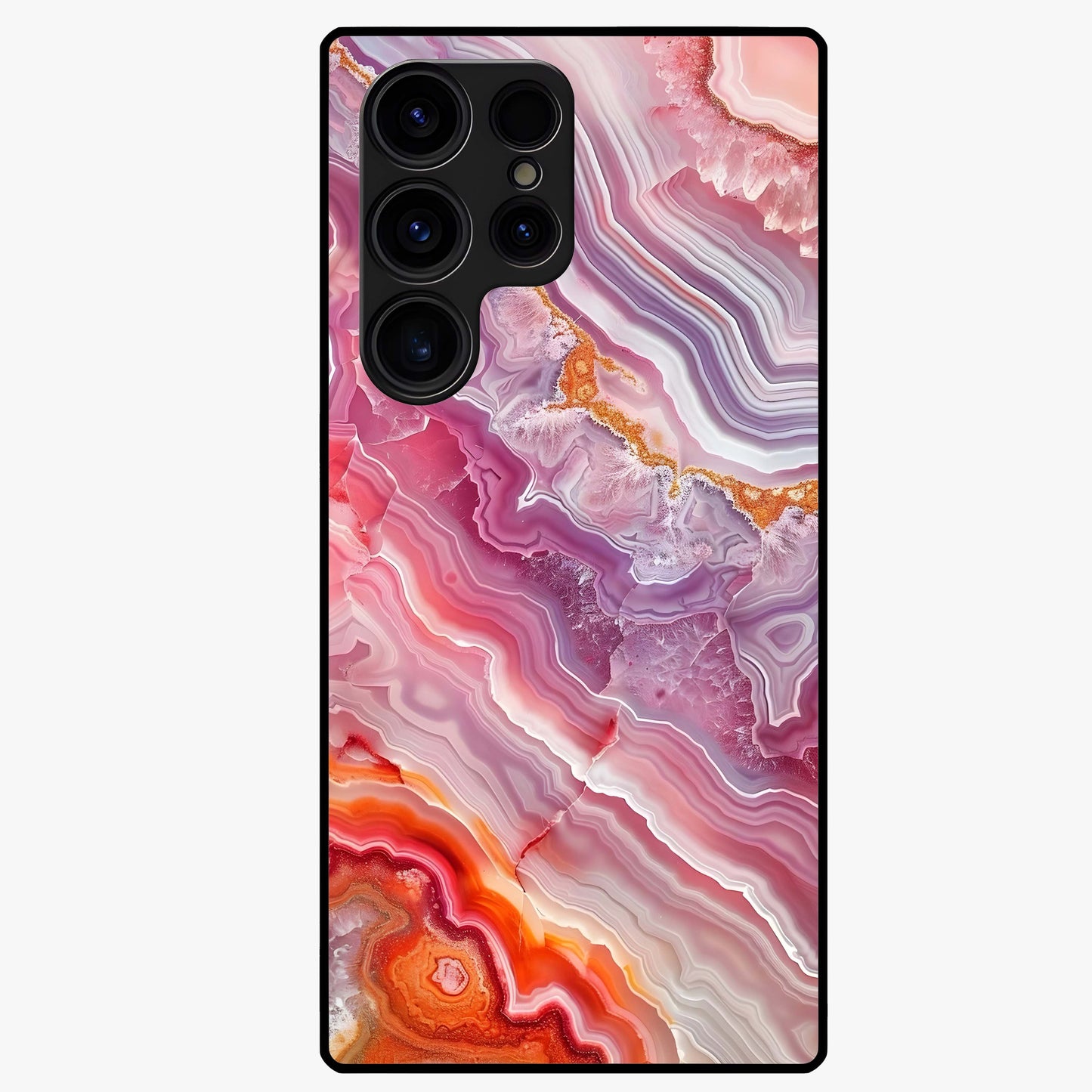 Rose Quartz Marble Glass Case showing flat back view with pink marble quartz texture artwork and glossy glass finish.