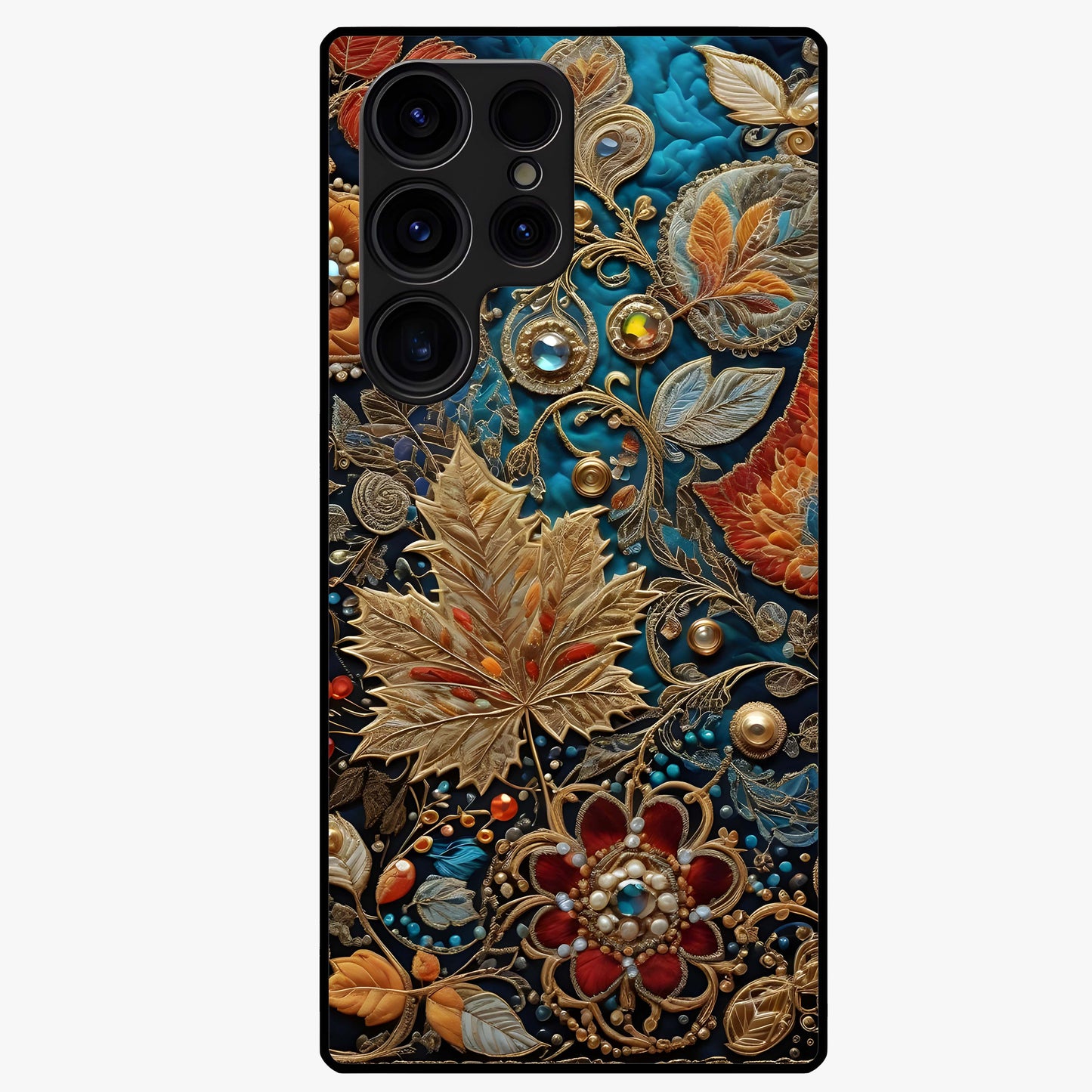 Royal Jewel Garden Glass Case showing flat back view with decorative floral garden artwork and glossy glass finish.