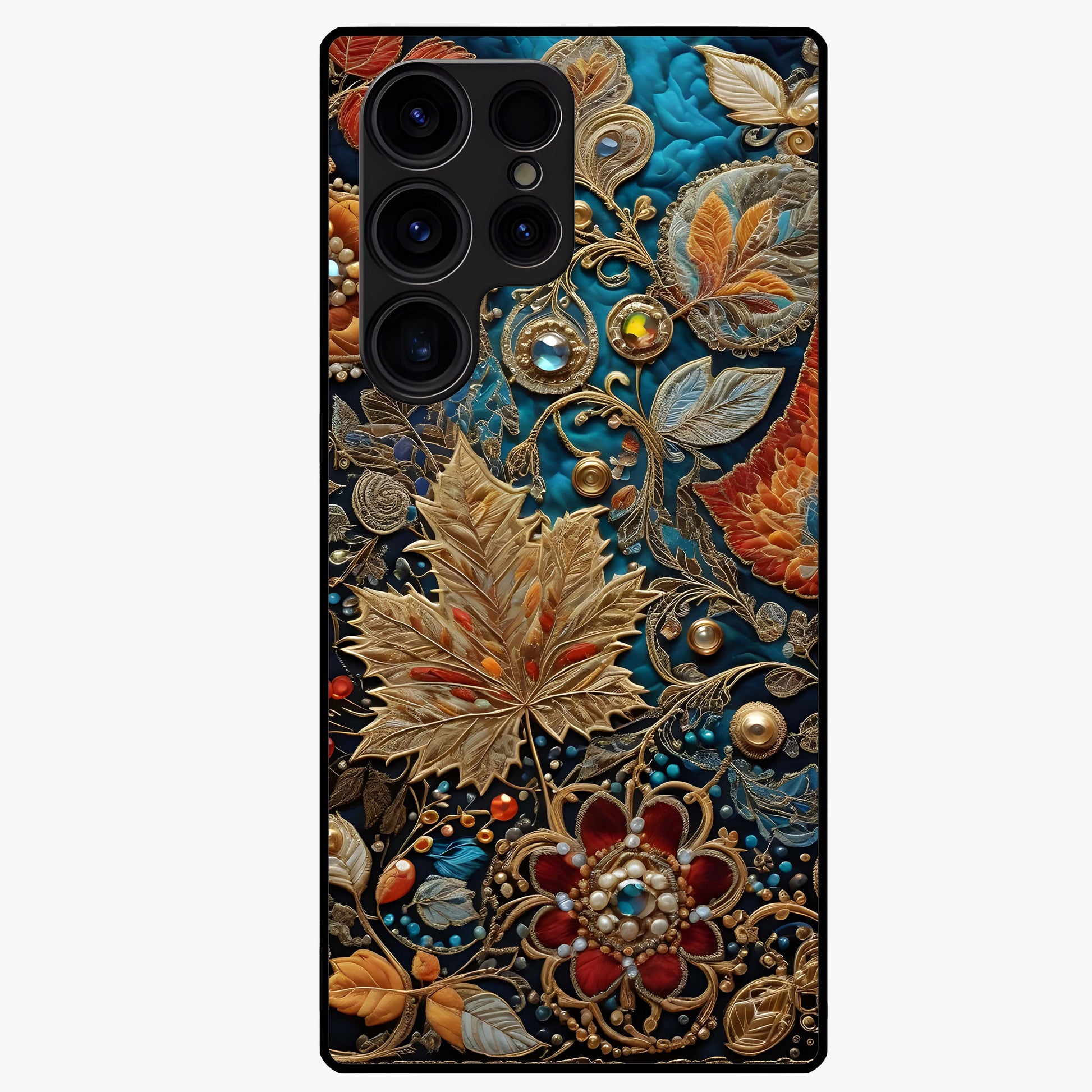 Royal Jewel Garden Glass Case showing flat back view with decorative floral garden artwork and glossy glass finish.