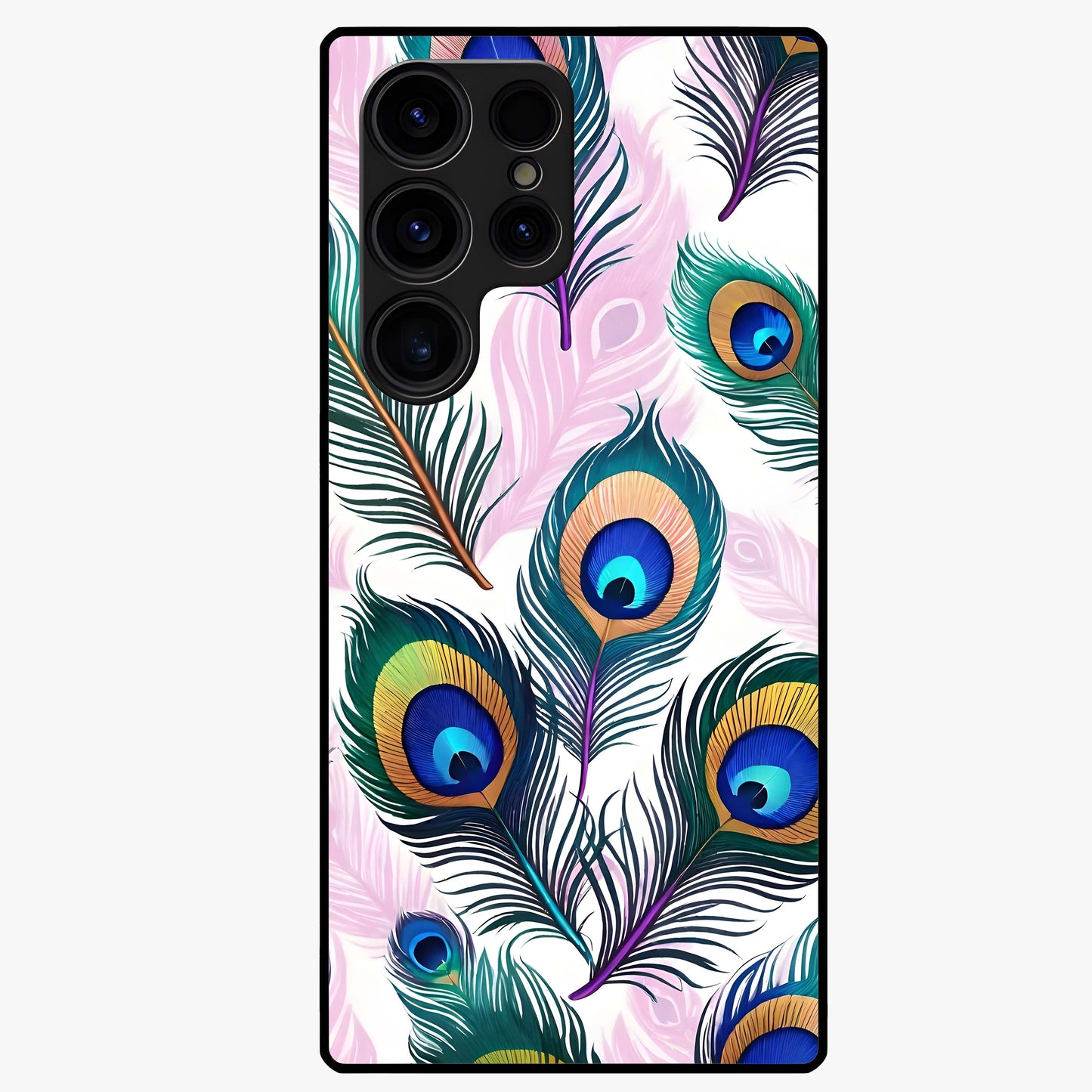 Royal Peacock Feathers Glass Case showing flat back view with colorful peacock feather artwork and glossy glass finish.