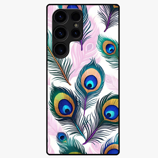 Royal Peacock Feathers Glass Case showing flat back view with colorful peacock feather artwork and glossy glass finish.