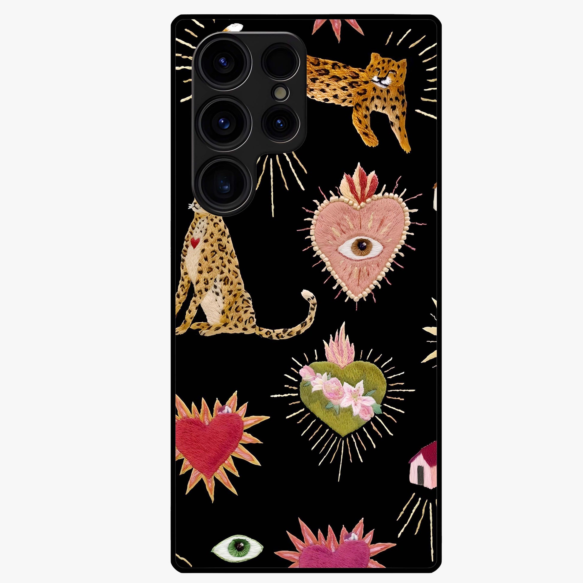 Sacred Jungle Heart Glass Case showing flat back view with jungle inspired heart artwork and glossy glass finish.
