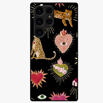 Sacred Jungle Heart Glass Case showing flat back view with jungle inspired heart artwork and glossy glass finish.